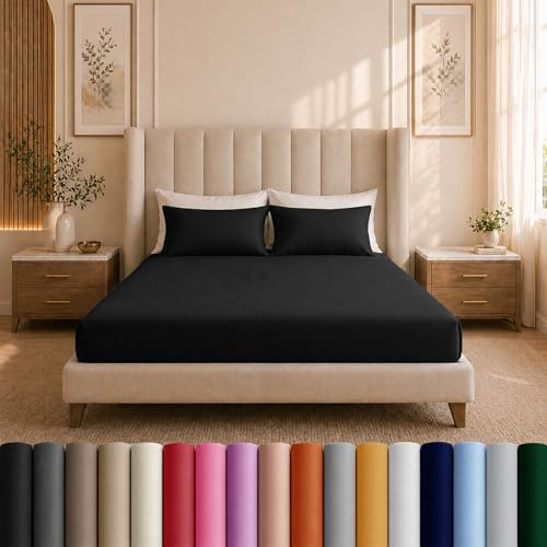 Moonlight Bedding King Size Fitted Sheets - 25cm Deep King Black Fitted Bed Sheets - Soft Brushed Fabric Shrinkage, Wrinkle free And Fade Resistant Easy Care Bed Sheet (152 x 200 Cm)