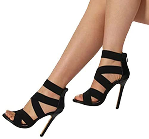 EXECAB Frauen aushöhlen High Heel Open Toe Paketabsatz Hochhackige Sandalen Fischmaul Reißverschluss hinten Stiletto Schuhe geeignet,Schwarz,43