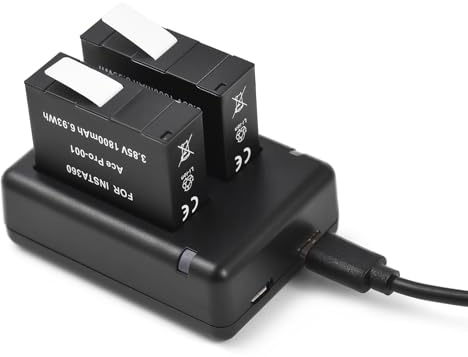 Andoer Kit batterie et chargeur pour caméra de sport comprenant un chargeur de batterie à double fente + 2 batteries 1800 mAh + 2 boîtes de rangement pour batterie avec fente pour carte compatible