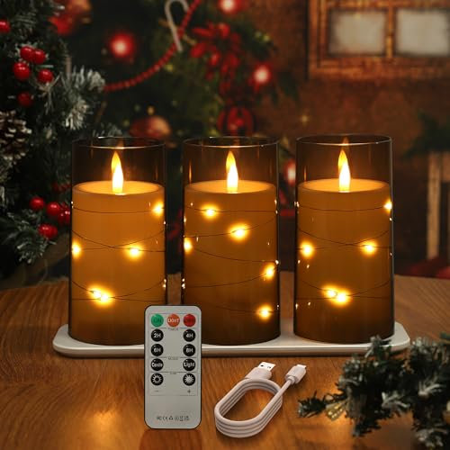 EXTSUD 3 Stück LED Kerzen mit Lichterkette und Timer Aufladbare LED Kerzen mit Fernbedienung Flammenlose Led Kerzen für Wohnung Dekoration Weihnachten Geburtstag （Grau）