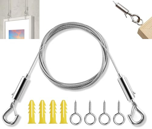 Drahtseil Rankhilfe Set, 5m Edelstahl Draht Seil, Drahtseil mit 2 Haken und 4 Schrauben, Einstellbar Stahlseil Seilaufhängung, Vorhang Drahtseil, Bilder Aufhängen Seil, für Gardinen,Bilder, Lampe