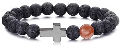 TOLOWOBK Bracelet Pierre Naturelle Homme Bracelet Croix Oeil de Tigre Homme Perle Elastique Bracelets de Perles en Pierre Naturelle Cadeau Saint-Valentin Paques Anniversaire Pour Papa Fils Mari Copain