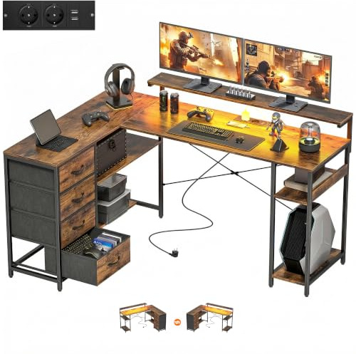 HOMCOM Gaming Tisch Stromanschluss 155 x 110 x 91,4 cm Rustikal-Braun | L-förmiger Schreibtisch, LED-Beleuchtung, 4 Schubladen, Monitorständer, Reversibler Computertisch, Spanplatte, Stahl