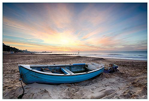 Wallario Küchenrückwand selbstklebend 90 x 60 cm, Motiv: Fischerboot am Strand bei Sonnenuntergang | Spritzschutz abwischbar & pflegeleicht