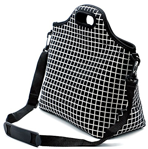 Case Wonder Lunch Bags, Bolsa de almuerzo Neoprene, Bolsa de almuerzo grande aislada, Caja de almuerzo lavable reutilizable para hombres/mujeres/Picnic/Trabajo/Escuela (L, Rejilla Negra)