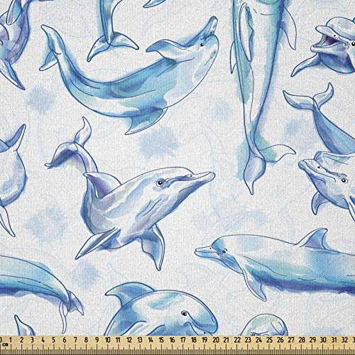 ABAKUHAUS Ocean Life Stoff als Meterware, Skizze der Delphine, Microfaser Stoff für Dekoratives Basteln, 1M (230x100cm), Türkis Weiß