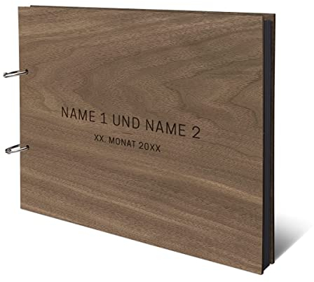 Hochzeit Fotoalbum Nussbaum Holz Gravur individuell Holzcover mit 25 Blatt | 50 Fotokarton 300g/qm schwarzen Innenseiten (25 Blätter) DIN A4 quer 302 x 215 mm - Schlicht