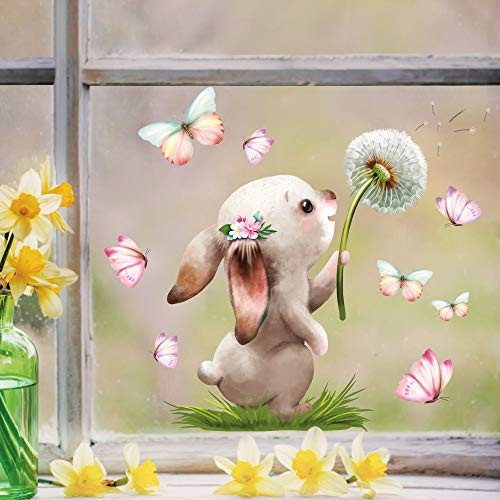 Wandtattoo Loft Fensterbilder Frühling Hase mit Pusteblume Motiv – A4 Bogen, Wiederverwendbar – Frühlingsdeko Fenster, Frühlingsbild Fenster, Fensterdeko Frühling, Fensterfolie Frühling Selbstklebend