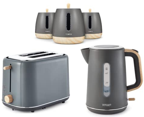 TOWER Scandi Grey 1.7L 3KW Kettle, 2 Slice Toaster & Set of 3 Tea, Coffee & Sugar Canisters. Scandinavian Design Set of 5 Kitchen Items in Grey