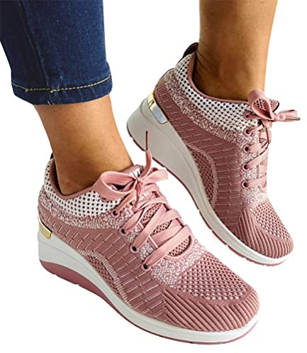 ORANDESIGNE Basket à Talon Compensé Plateforme pour Femme Chaussure de Sport Femme Sneakers Confortable Basket à Lacets Respirante B Rose 39 EU