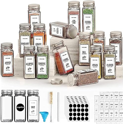 Spice Storage Solution - 16 Pack Glass Jars With Shaker Lids - 120ml Square Kitchen Spice Containers for Salt, Pepper, Herbs and More