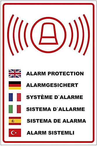 NEW CARTELLO SEGNALETICO - SISTEMA D'ALLARME in più lingue - Adesivo Extra Resistente, Pannello in Forex, Pannello In Alluminio (ADESIVO 20X31 CM)