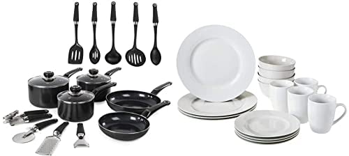 Morphy Richards Equip 14 Piece Cookware Set (3 Pots+ 2 Saucepans + 9 Utensils), Black, Aluminium & Amazon Basics 16-Piece Dinnerware Set, Service for 4, AB-Grade Porcelain, White