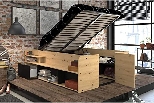 Homeline - Parisot Stauraum-Hochbett Travel Artisan Eiche Hochklappbar mit Stauraum, Schubladenfächer, 200X140