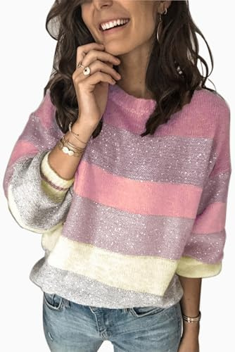 ANCAPELION Damen Grobstrick Pullover Casual Stricken Sweater Lange Ärmel Pulli Farbblock Sweatshirt Elegant Jumper Rundhals Lose Oberteile Herbst Winter Outwear für Frauen