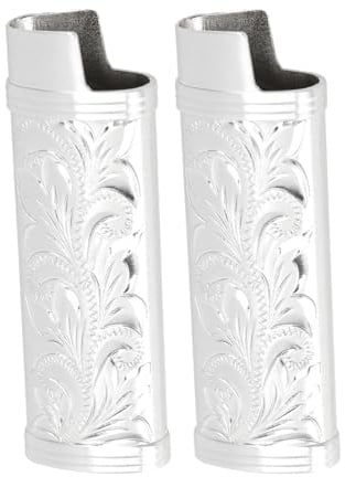 2 Stück Feuerzeughüllen Halter, Feuerzeughülle aus Metall mit Vintage Blumenmuster, Feuerzeug Aufbewahrungsbehälter mit Offenem Design (Silver)