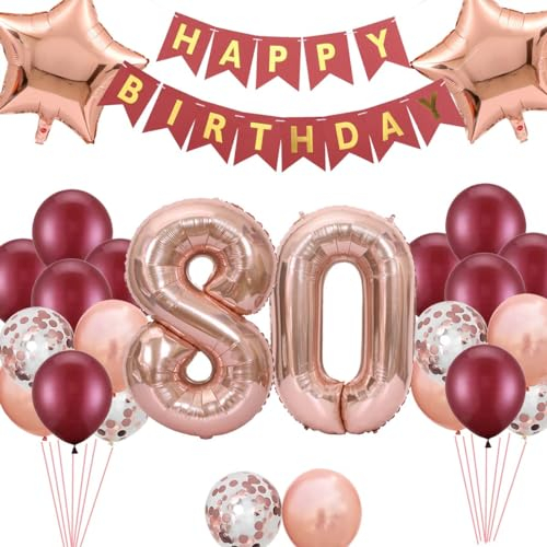 80.Geburtstags Dekorationen Weinrot für Frauen, Luftballon 80. Geburtstag Stern Folienballons Roségold Deko, Cheers to 80 Jahre alt Geburtstag Party, Geburtstagsdeko 80 Jahre für ihre Mutter(80.)