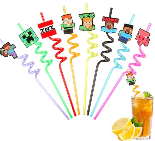 16 Stück Pixel Strohhalme Kinder, Deko Geburtstag, Trinkhalme Plastik Wiederverwendbare für Geburtstagsdeko Party Deko