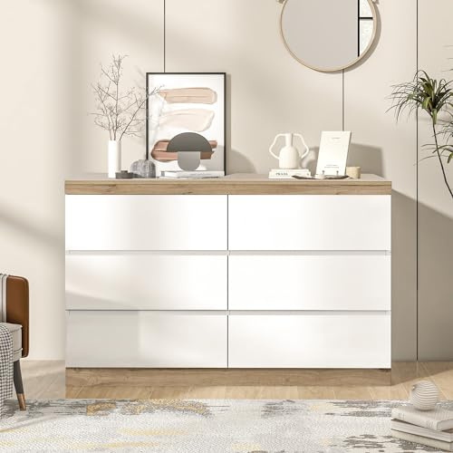 Sapgaks Kommode mit 6 Schubladen, Spanplatte chubladenschrank Schließfach,Funktion von Aufbewahrung für Wohnzimmer, Schlafzimmer, Kinderzimmer, Jugendzimmer und Büro,110 x 40 x 68cm, Weiß+Oak