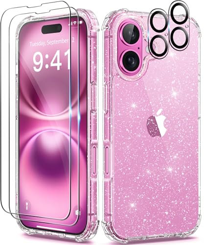 BERFY Compatible with iPhone 16 Plus Case Glitter, [5 in 1] with 2X Screen Protector + 2X Camera Lens Protector, [Non-Yellowing] Clear Sparkle Shockproof Hard Phone Case for Women 6.7, Shiny Clear