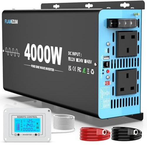 FLAMEZUM 4000w Pure Sine Wave Power Inverter DC 12V to AC 240V Voltage Converter with 2 AC Outlets,3.1A USB-A,30W USB-C Port,LCD Remote Control,for Motorhomes,Trucks,Boats,Camping,emergency supply