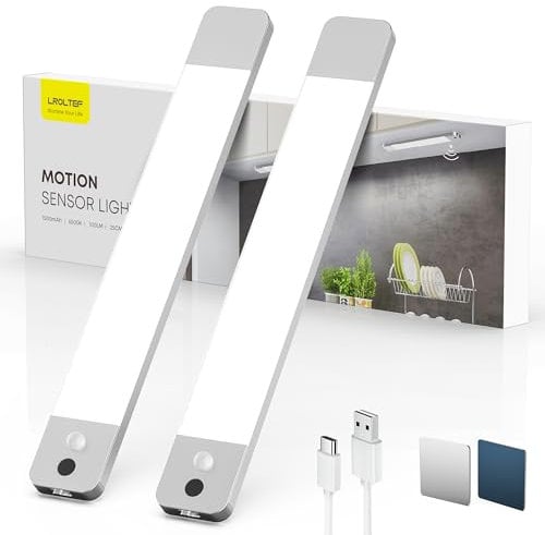 LROLTEF Under Cabinet Kitchen Lights with Hand Hovering & Motion Sensor 25cm 1500mAh Dimmable Rechargeable Magnetic Under Counter Lights for Cupboard Shelf Stairs Closet | 2 Pack