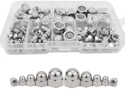 TA-VIGOR 100PPcs Acorn Dome Cap Nuts, Stainless Steel Head Cap Hex Nut, Acorn Thread Hex Cap Head Nuts Assortment Kit M8 M6 M5 M4 M3 for Screws Bolts Fasteners