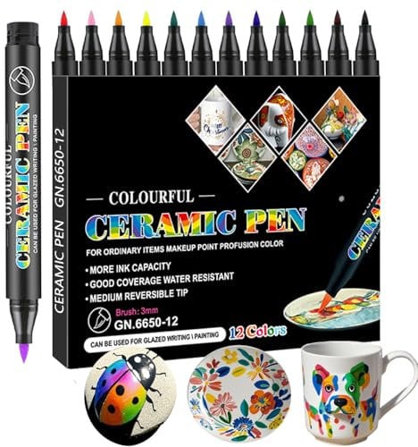 DQMEN 12x Spülmaschinenfeste Porzellanstifte,12 Farben Wasserbasierte Glas, & Porzellanstifte,Spülmaschinenfeste Glasmalstifte,Keramikstifte zur Dekoration & Bemalung (12)