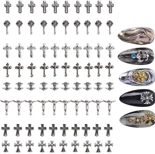 Leeneen 80Pcs Silver Metal Cross Nail Charms for Nails Design,Y2K 3D Chrome Nails Art,Vintage Alloy Cross Heart Skull Acrylic Charm for Women, Halloween Nail Supplies (s1)