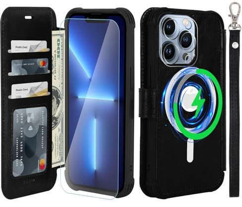 VANAVAGY Wallet Case Compatible for iPhone 13 Pro for Magsafe Wireless Charging,Leather Flip Wrist [Glass Screen Protectors]with RFID Blocking Card Holder,Black
