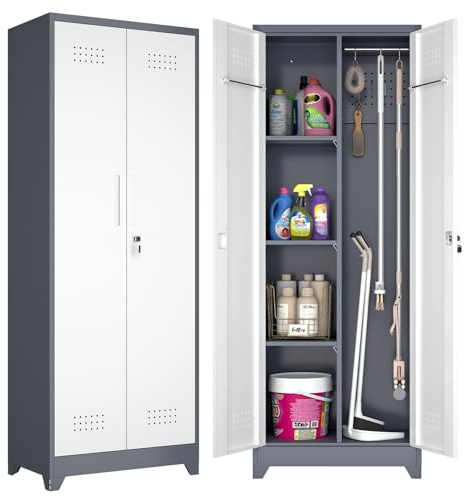 GREATMEET Metal Garage Storage Cabinet, Broom Closet Storage Cabinet with Doors, Pegboard and Hanging Rod, Cleaning Supplies Closet for Bathroom, 165cm