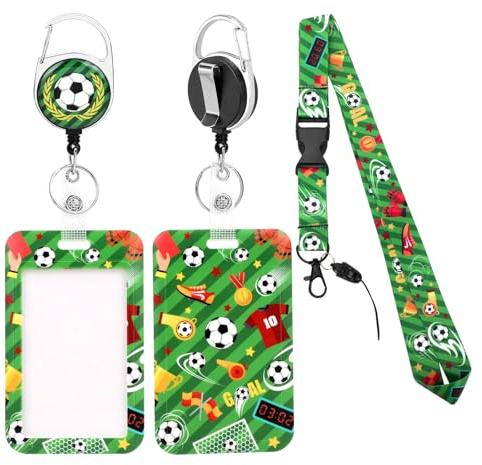 Cordon Tour de Cou avec Porte Carte, Porte Badge Enrouleur Retractable Football, Lanière Détachable avec Pochette Badge pour Enfants, Adultes, Infirmières, Enseignant et Étudiant