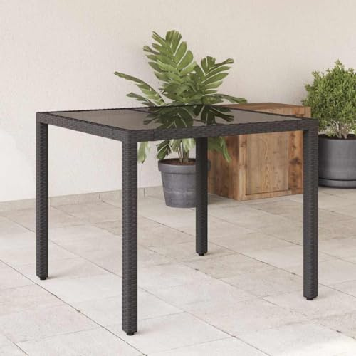 Owoxanthellate Table de jardin 90 x 90 cm noire avec plateau en verre en rotin synthétique et cadre en acier revêtu par pulvérisation, design moderne et protection contre les intempéries, pour balcon