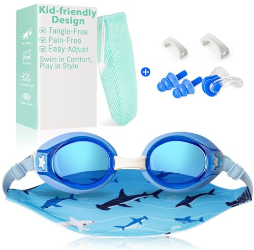 Kids Swim Goggles with Fabric Strap for 3-12, No Hair Pulling, Blue | Kids Swimming Goggles with Soft Cloth Strap for Toddler/Boys/Girls/Children, Anti-Fog Anti-UV, No Leak, No Raccoon Eyes