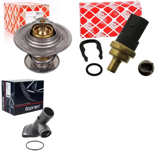 Febi Thermostat 87°C + Sensor + Topran Flansch | 17888 + 29318 + 114 417 passend für 1.9 2.0 Tdi