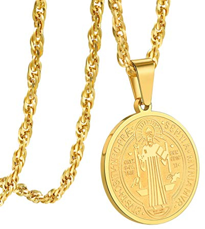 PROSTEEL HL. Benedikt Runde Anhänger Halskette für Frauen Männer 18k vergoldet Benediktusmedaille mit 55+5cm Singapurkette Amulette religiöser Modeschmuck Accessoire