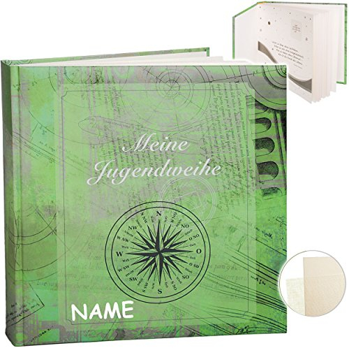 Fotoalbum/Jugendweihealbum/Erinnerungsalbum - Meine Jugendweihe - Traveler grün - inkl. Name - Gebunden - blanko weiß - 60 Seiten - für bis zu 180..