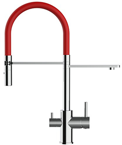 NIEDERDRUCK VIZIO 3 Wege Wasserfilter Chrom Küchenarmatur mit 2strahl Handbrause/Profi/Restaurant/Haus Wasserhahn für alle gaengigen filtersysteme geeignet / 360° schwenkbarem Auslauf (rot)