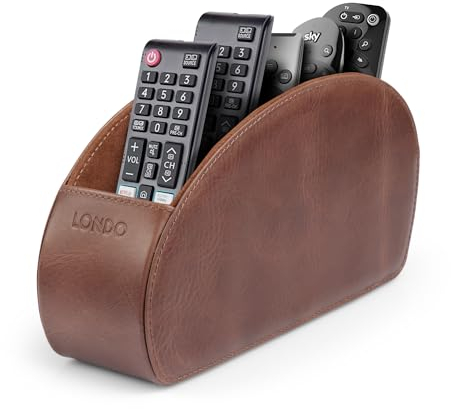 Londo Porta Telecomandi con 5 scomparti - Per contenere telecomandi di TV, stereo, decoder, DVD, Blu-Ray - in Vera Pelle con fodera interna in suede. Adatto per salotto o camera da letto
