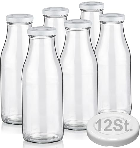 Geniess-Bar! 6 Milchflaschen 500ml mit 12 Deckel BPA frei Saftflaschen Glasflaschen 0,5L auch mit 2/4/9/12/20 Flaschen Weithalsflaschen leer zum Befüllen Schraubdeckel