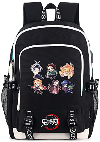 Roffatide Anime Demon Slayer Bedruckter Rucksack Schultasche Laptop Rucksack Fit 15,6 Zoll mit USB-Ladeanschluss & Kopfhöreranschluss Schwarz