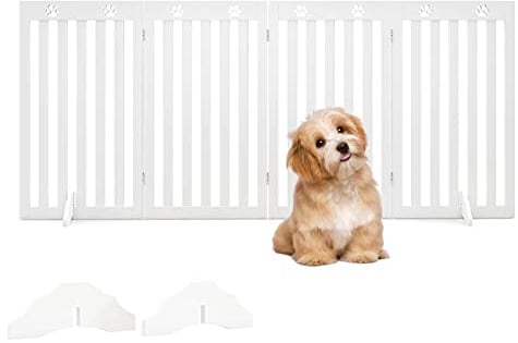 COSTWAY Absperrgitter Hunde 89cm Hoch, Schutzgitter Holz, Kindergitter klappbar, Treppengitter Hundeabsperrgitter flexibel Türschutzgitter (4 Paneelen, Weiß)
