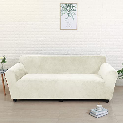YOPOIY 1 2 3 4-Sitzer Thick Couchbezug, Elastische Sofa überzug Samt Plüsch Sofahusse mit Rutschfesten Trägern Waschbar-Weiß-4-Sitzer 235-300 cm