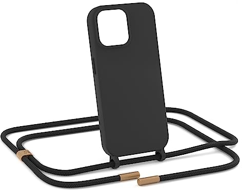 ZhinkArts - Handykette kompatibel mit iPhone 12/12 Pro - Handyhülle zum Umhängen - Band/Schnur abnehmbar - Necklace - Silikon - Schwarz - Gold