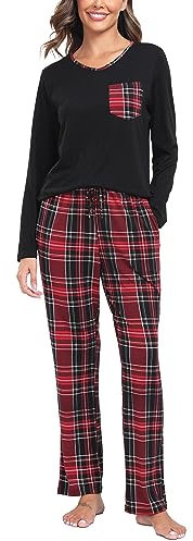 Lovasy Pyjama Femme Hiver Chaud Vetement de Nuit à Manches Longues 2 Pièces Pantalon Casual et Col en V Top avec Poche à Carreaux Pyjamas à Maison Costume A-Rouge M