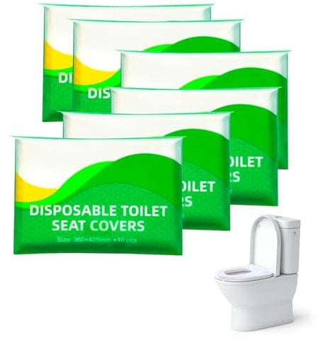 Disposable Toilet Seat Covers, Pack of 60 Flushable and Biodegradable Paper Toilet Covers for Public Toilets, Travel Accessories, Anti Germ Barrier Toilet Seat Covers, Keep Safe & Clean, 6 Packs of 10