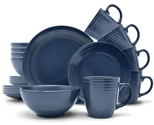 ECHTWERK 24-teiliges Vintage Kombiservice Alicia Modern-Design für 6 Personen, Stilvolles dunkelblaues Geschirrset aus Stoneware mit 6 x Speiseteller, 6 x Beilagenteller, 6 x Schüssel, 6 x Teetassen