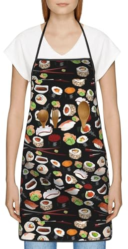 Japanische Sushi-Schürze mit schwarzem Druck, undurchdringliche Schürze mit Taschen und versiegelten Kanten, makellose Fleckenresistenz für verschiedene Szenarien, weiß, Einheitsgröße
