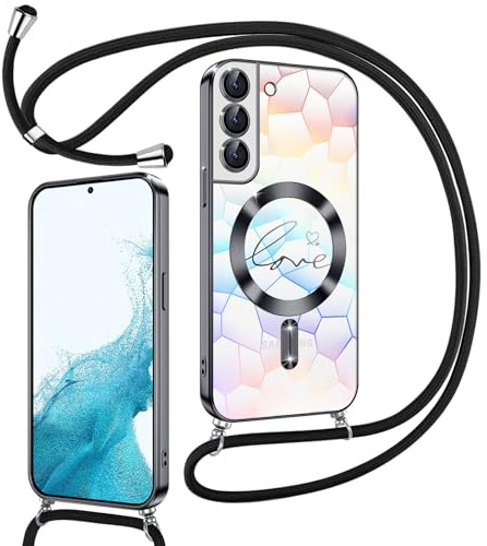 Kokio Coque Glitter Magnétique pour Samsung Galaxy S22 Plus 5G avec Cordon [Compatible avec MagSafe], Motif Coeur Etui pour Filles Femmes, Antichoc Silicone Housse pour Samsung S22 Plus 5G Noir