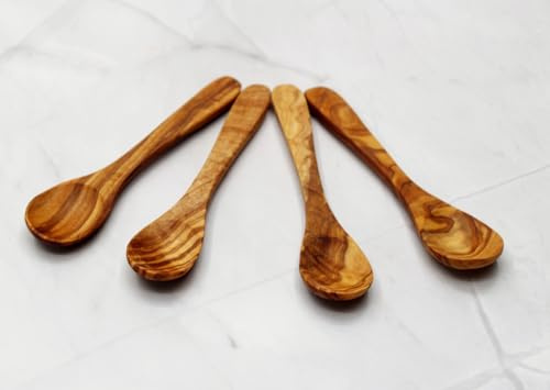 DAGDEG Juego de 4 cucharas pequeñas de madera de olivo – 12 cm de cucharadita y azúcar – Cucharas de desayuno y mermelada – Cucharas de madera de olivo hechas a mano – Natural y duradero
